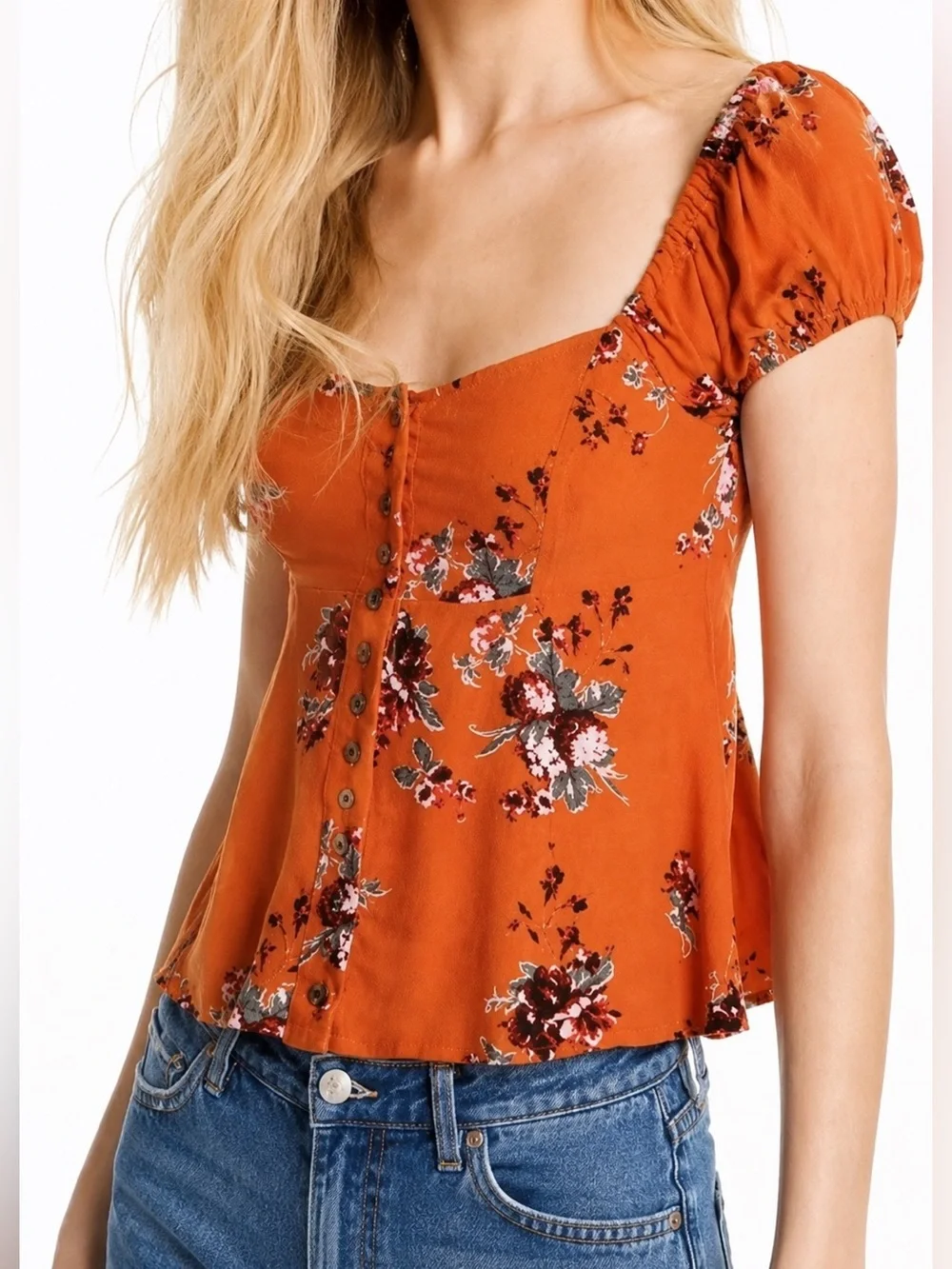 FREE PEOPLE Close To You Floral Puff Sleeve Top Orange XS Boho Cottagecore